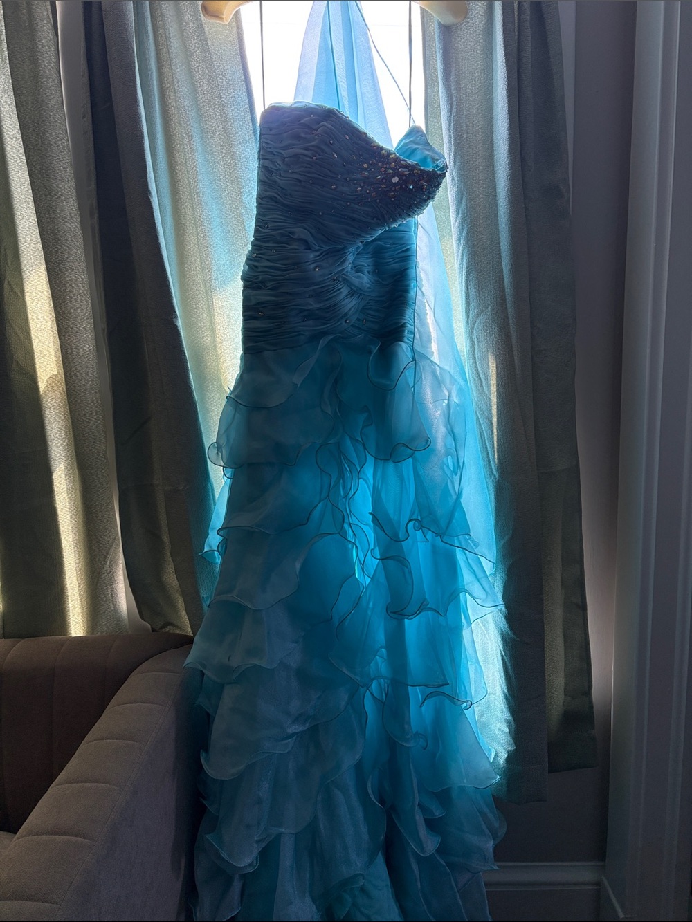 Clarisse Size 12 Strapless Ruffled Turquoise Prom Gown